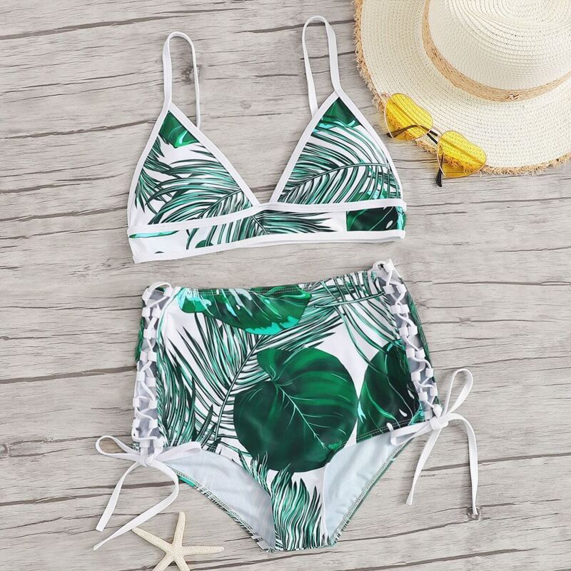 

Random Tropical Contrast Piping Top With Tie Side Bikini, Green