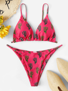 Random Cactus Print Triangle Top With Cheeky Bikini