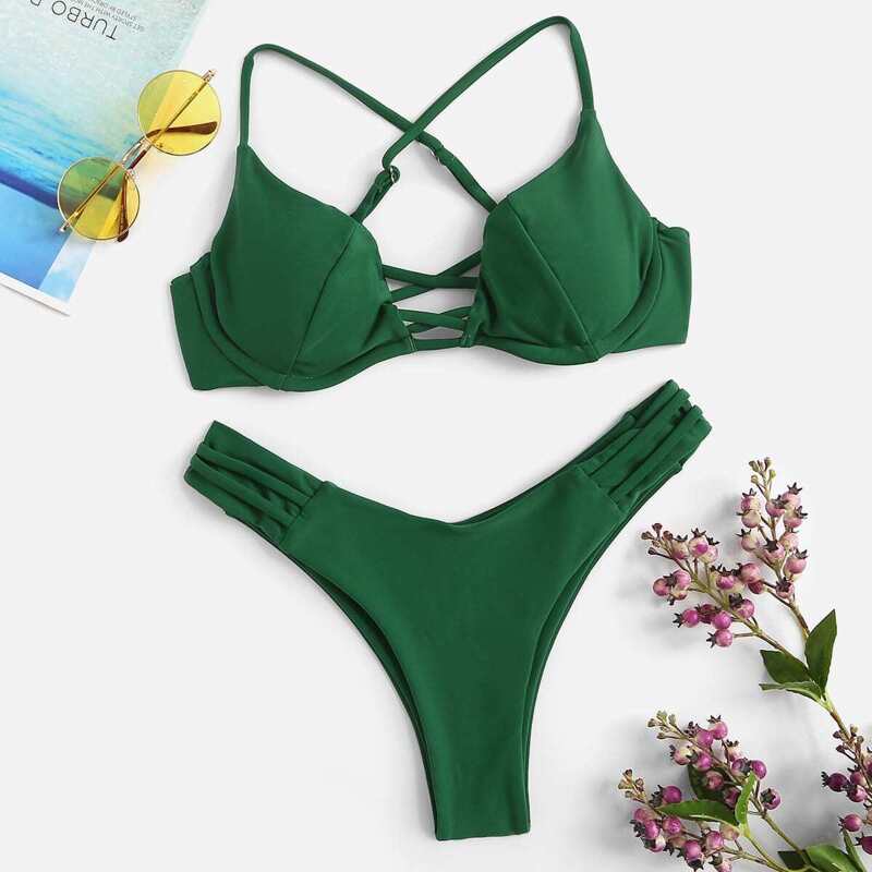 

Criss Cross Underwire Top With High Cut Bikini, Green