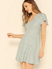 SHEIN Đầm Nút Hoa màu xanh lá Kỳ nghỉ - Màu xanh Bạc hà - Xem 3