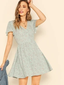 SHEIN Đầm Nút Hoa màu xanh lá Kỳ nghỉ - Màu xanh Bạc hà - Xem 1