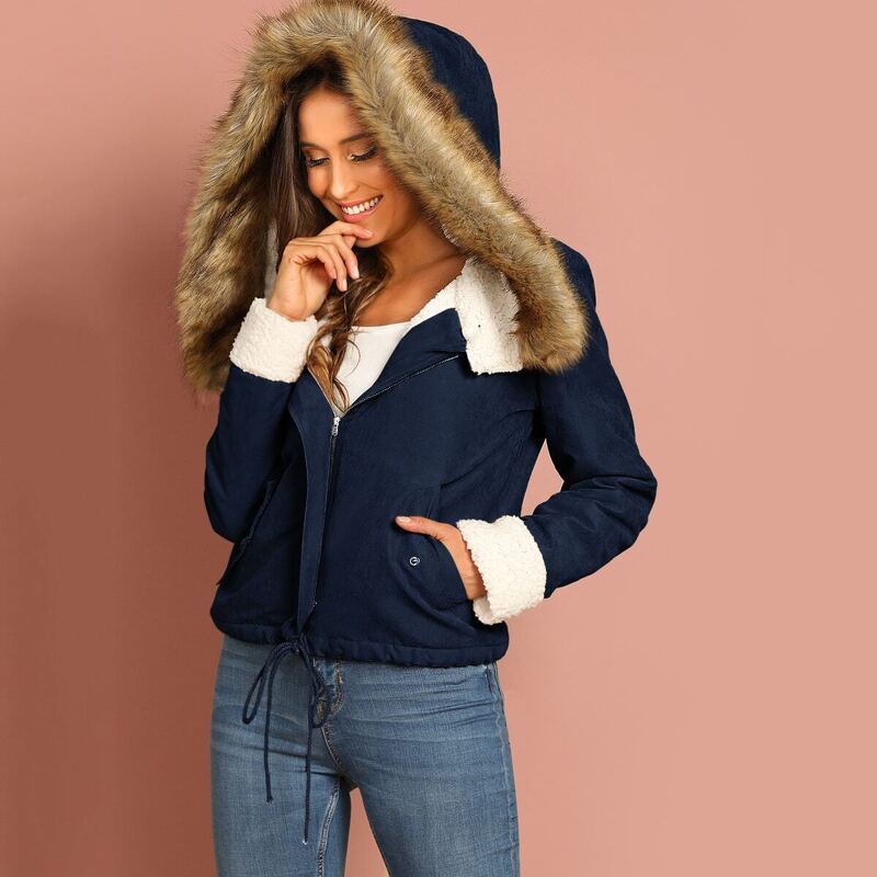 

Zip Up Drawstring Faux Fur Contrast Hoodie Coat, Navy