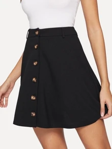 SHEIN Button Up Solid A-Line Skirt - Black - View 2