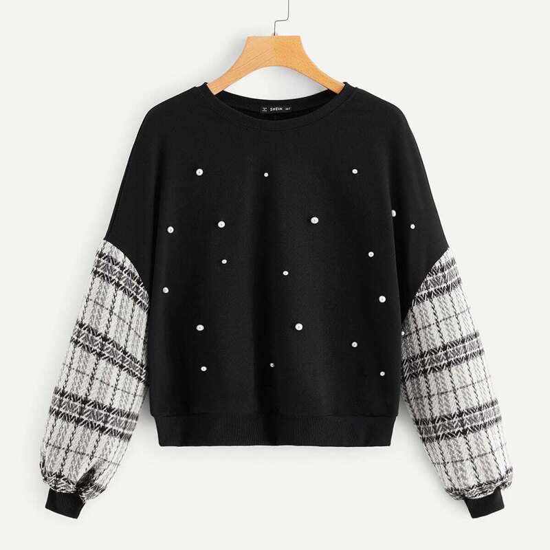 

Pearl Embroidered Contrast Sleeve Pullover, Black and white