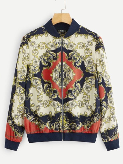 Zip Up Scarf Print Bomber Jacket pictures