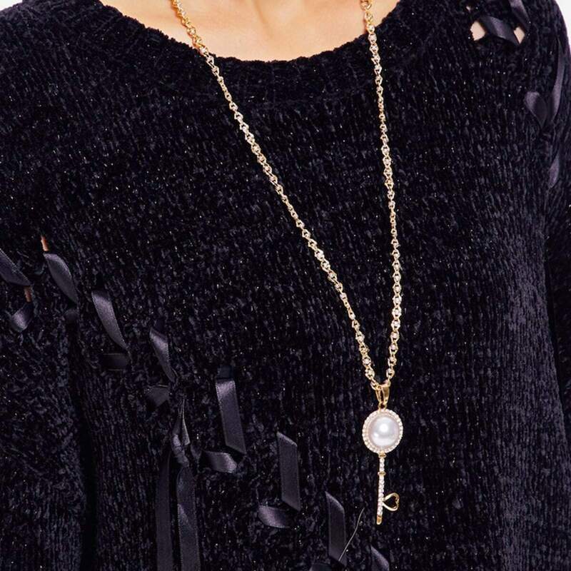 

Faux Pearl Detail Key Pendant Necklace, Gold