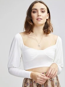 方形領長袖上衣 - 白色 - 查看 1