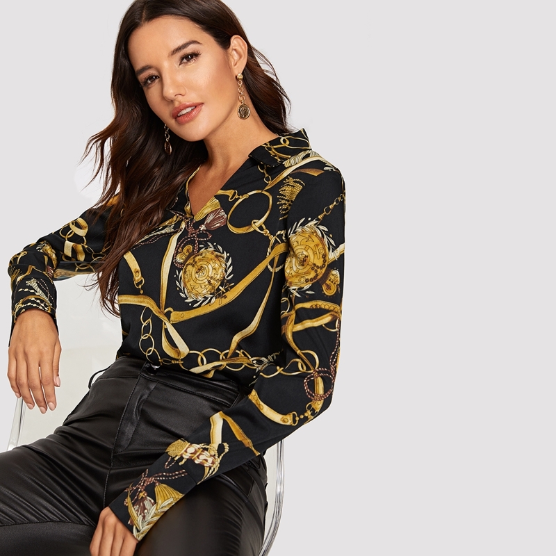 

Chain Print Curved Hem Blouse, Black