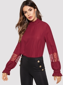Contrast Lace Keyhole Back Blouse