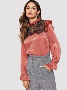 Contrast Lace Lettuce Frill Blouse