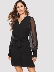 Self Tie Mesh Sleeve Button Through Dress