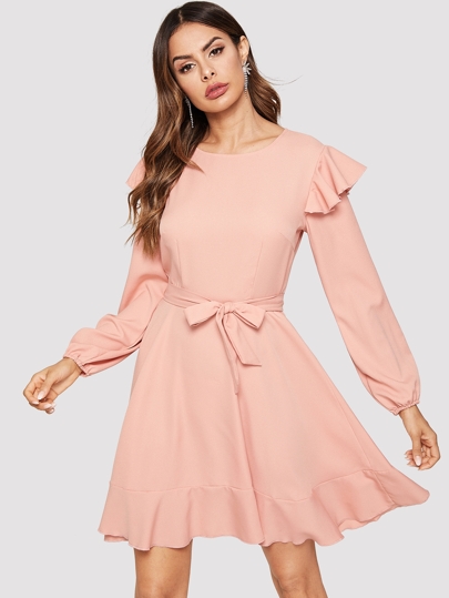 Self Tie Ruffle Hem Solid Dress pictures
