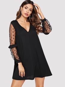 Contrast Mesh V-Neck Dress