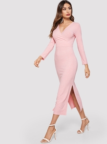 V-Neck Split Side Slub Knit Dress