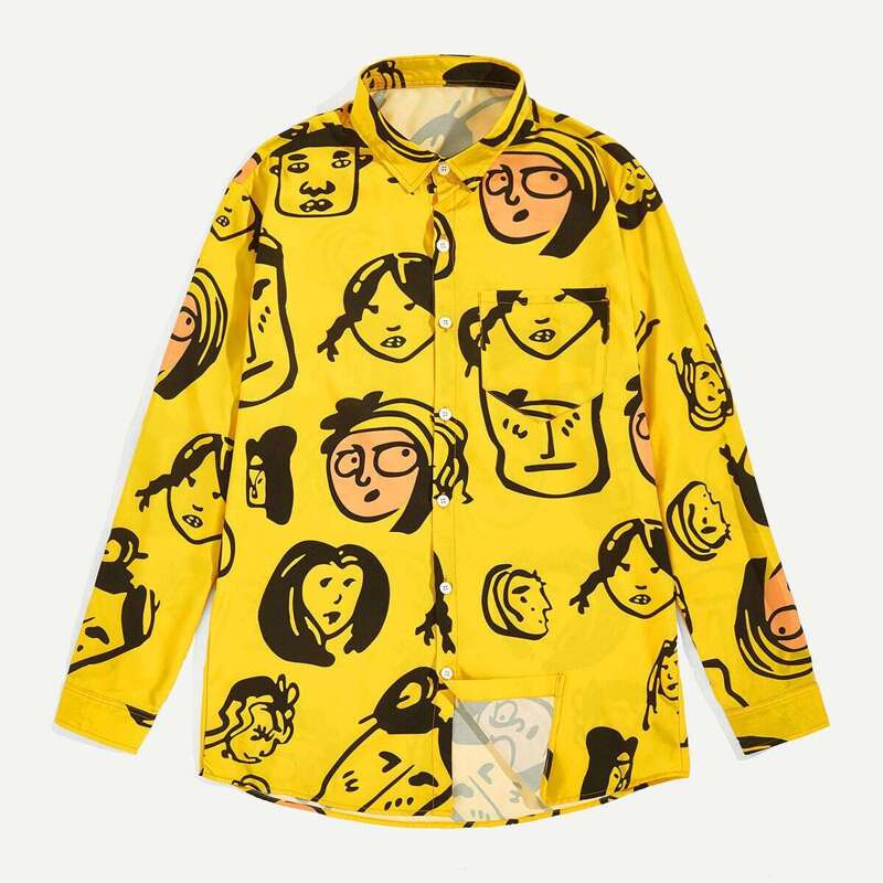 

Guys Cartoon Print Pocket Front Shirt, Yellow