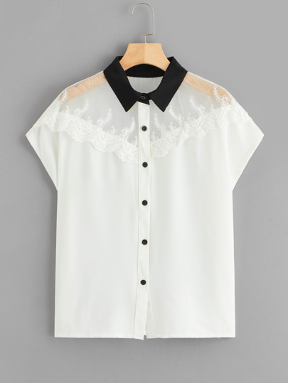 Single Breasted Contrast Mesh Blouse pictures
