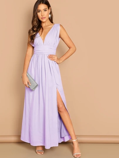 Plunging Neck Side Split Dress