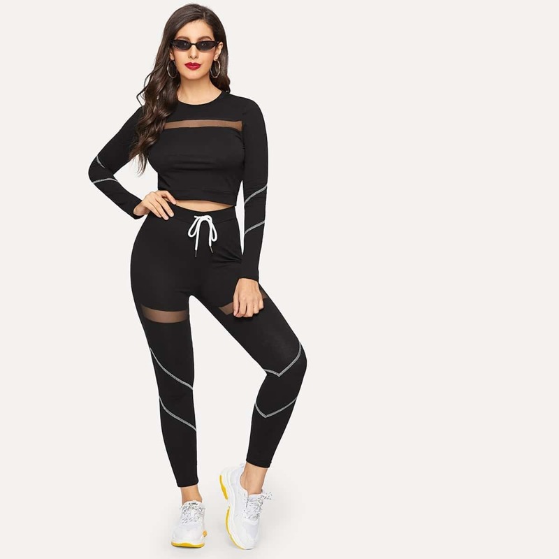 

Mesh Insert Contrast Stitch Top & Leggings Set, Black