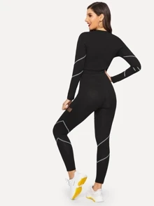 SHEIN Conjunto top con puntadas en contraste con malla con leggings - Negro - Ver 2