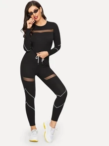 SHEIN Conjunto top con puntadas en contraste con malla con leggings - Negro - Ver 3