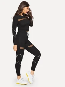 SHEIN Conjunto top con puntadas en contraste con malla con leggings - Negro - Ver 5