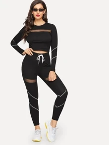 SHEIN Conjunto top con puntadas en contraste con malla con leggings - Negro - Ver 1