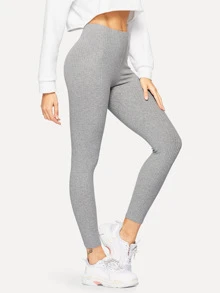 SHEIN Essnce Ribbed Knit Solid Leggings - Light Grey - View 5