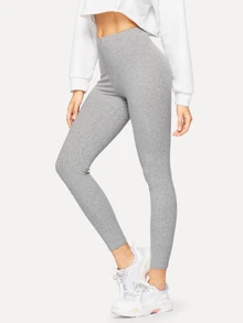 SHEIN Essnce Ribbed Knit Solid Leggings - Light Grey - View 1