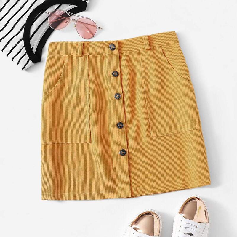 

Single Breasted Pocket Detail Corduroy Skirt, Yellow