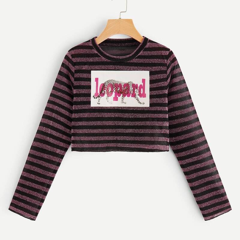 

Leopard Print Striped Crop Tee, Multicolor