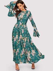 SHEIN Trumpet Sleeve Floral Dress - Multicolor - View 4