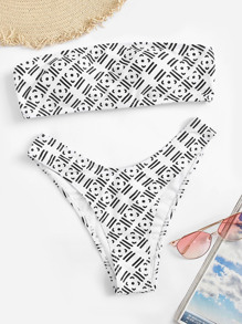 Graphic Print Bandeau With High Cut Bikini