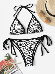 Zebra Print Halter Top With Tie Side Bikini