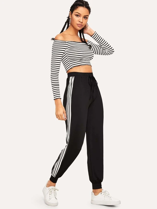 Women Off The Shoulder Stripes Crop Top Sportswear Sets