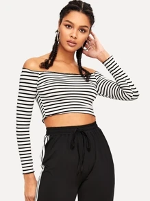 Women Off The Shoulder Stripes Crop Top Sportswear Sets