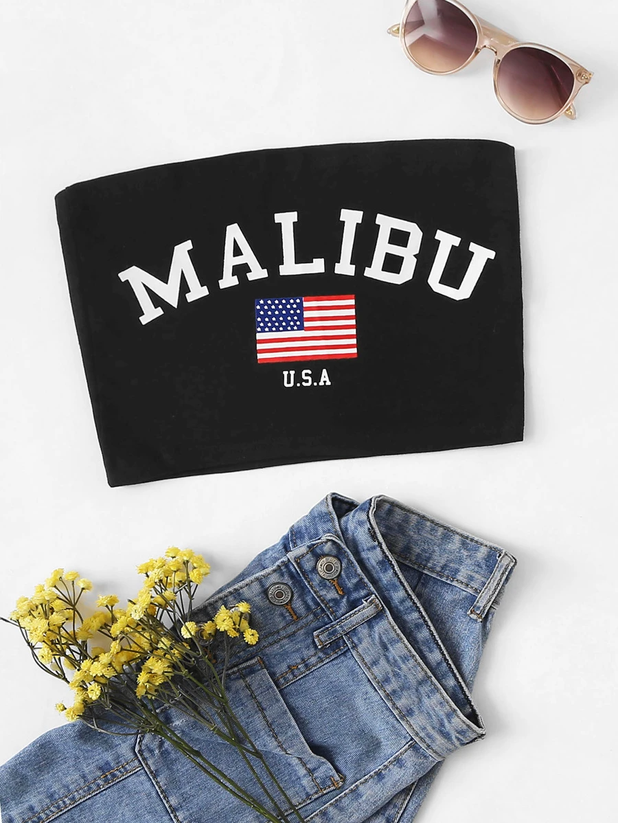 Top bandeau con estampado de bandera y letras - Negro - Ver 1