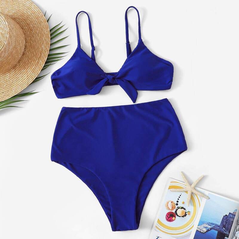 

Knot Front Top With High Waist Bikini Set, Blue