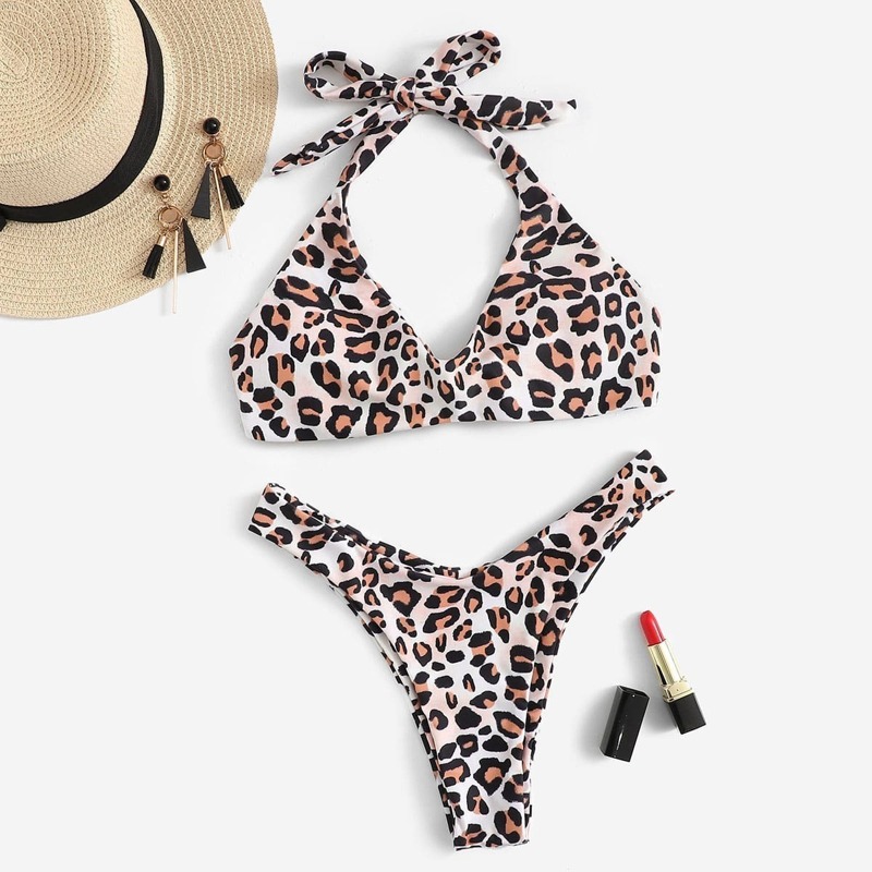

Leopard Halter Top With High Cut Bikini Set, Multicolor