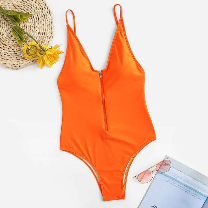 

Zipper Front Low Back One Piece Swimwear, Orange bright