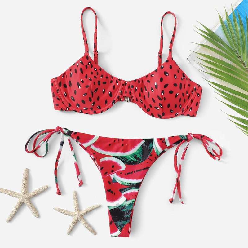 

Random Watermelon Underwire Top With Tie Side Bikini, Multicolor