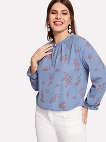 Plus Floral Print Button Keyhole Front Blouse