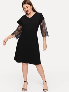 Plus Contrast Lace V-neck Dress