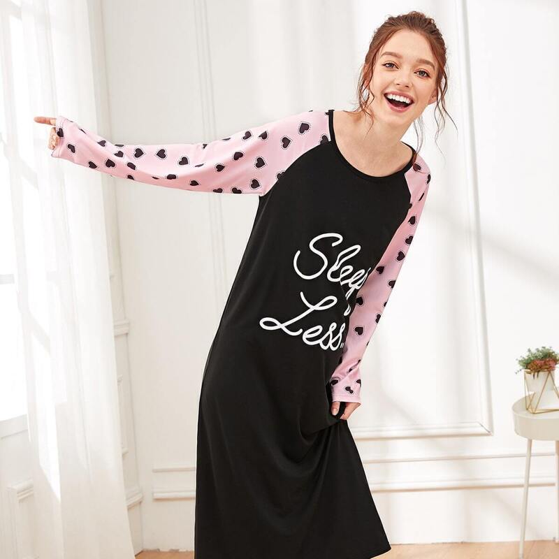

Heart & Letter Print Night Dress, Black