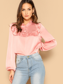 Button Half Placket Ruffle Trim Shirt