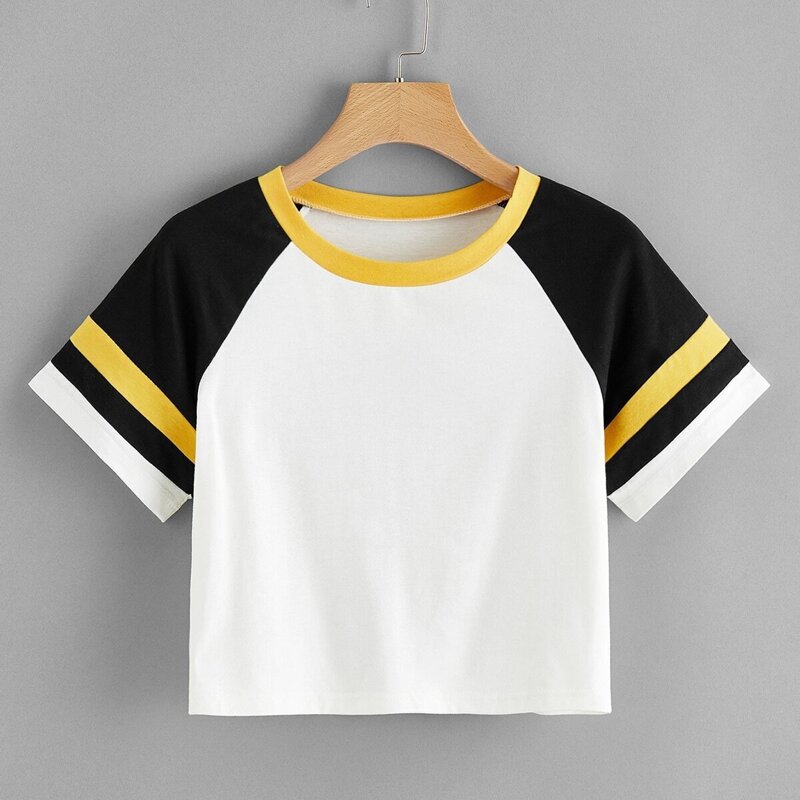

Cut And Sew Varsity Striped Panel Crop Tee, Beige