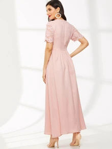 SHEIN Guipure Lace Insert Skater Dress - Baby Pink - View 2