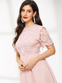 SHEIN Guipure Lace Insert Skater Dress - Baby Pink - View 4