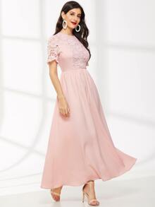 SHEIN Guipure Lace Insert Skater Dress - Baby Pink - View 5