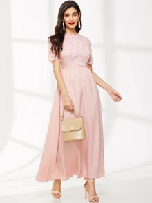 SHEIN Guipure Lace Insert Skater Dress - Baby Pink - View 1