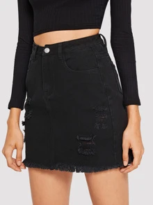 SHEIN Ripped Detail Frayed Edge Denim Skirt